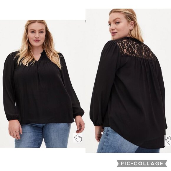 Torrid Tops - Torrid Size 3 Black Georgette Lace Inset Peasant Top
